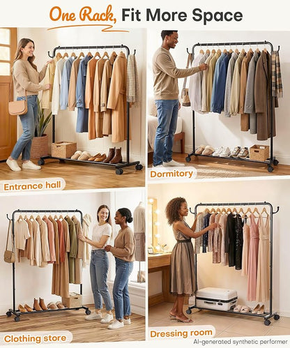 Homde Heavy Duty Clothes Rack: 120lb Standing Garment Storage for Indoor - Rolling Hanging Rod for Bedroom Laundry Room - Coat Dress Organizer on Wheels with luggage shelf (Black, 46.5")