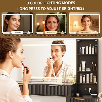 GarveeHome Fluted Makeup Vanity Desk with Lights, 48" Big Vanity with Glass Top and Large 36" HD Lighted Mirror, Modern Dressing Table with 5 Drawers 3-Tier Shelves Set w/Charging Station (Dark Grey)