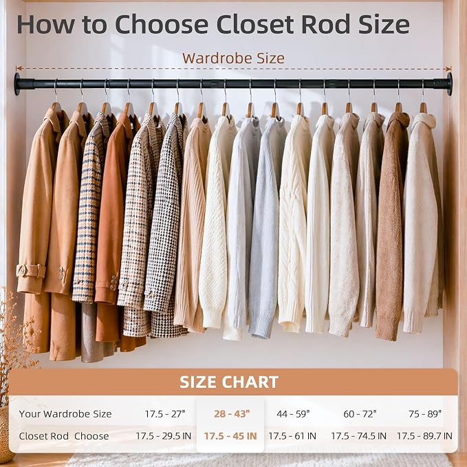 STORAGE MANIAC Closet Rods for Hanging Clothes 17.5 to 45 Inches Heavy Duty Stepless Adjustable Closet Hanging Rod 1.2 Inch Diameter Metal Closet Rod for Wardrobe Bathroom Bedroom Laundry RV, Black