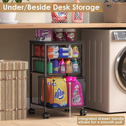 Sbanmao Rolling Storage Cart with 1 Large+2S Drawers, Metal Utility Cart on Wheels with Wooden Top, Craft Art Storage Organizer Cart for Classroom, Office, Home