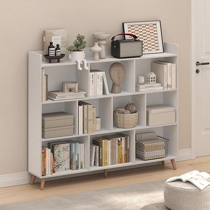 Furinno Claude Book Shelf, 10-Cube Mid Century Style Bookshelf, Bookcase, Storage Organizer with Wood Legs, 9.4" x 55.1" x 45.1", for Living Room, Bedroom, Home Office, White