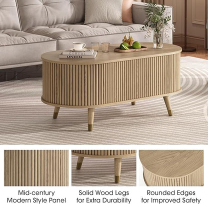 42.5" Oval Lift Top Coffee Table with Storage, Mid Century Modern Oak Center Table with Fluted Panel, Solid Wood Legs & Hidden Compartment for Living Room