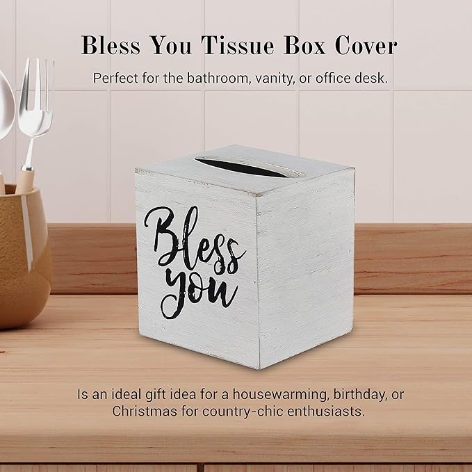 Young's Inc. Wood Bless You Tissue Box Cover - Tissue Holder for Farmhouse Bathroom Decor - Charming Rustic Bathroom Decor - 6" L x 6" W x 6" H
