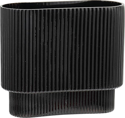 Ribbed Vase, Black Glass Vase for Flowers, Black Flower Vases for Tulips, Modern Vases for Living Room, Dining Table, Office, Bedroom, Mantle, Shelf, Wedding, 7 Inch