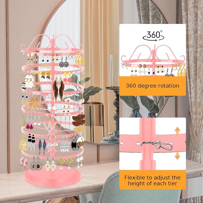 17Dec 6 Tier Rotating Jewelry Organizer Stand, 230 Holes Earring Holder Organizer for Women Girls, Spinning Earring Tree with Ring Holder, Wide Base for Bracelets Watches Lipstick
