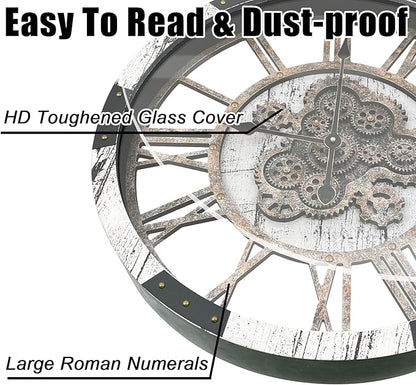 DORBOKER 24" Large Wall Clock with Moving Gears,Oversize Vintage Industrial Rustic Farmhouse Clocks for Living Room Decor Office Home,Solid Wood HD Tempered Glass Cover,White Grey
