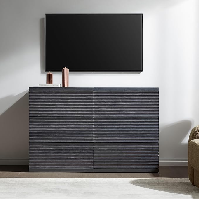 SICOTAS Fluted Sideboard Buffet Cabinet with Storage, Modern Credenza Storage Cabinet with 3 Larger Drawers, 2-Piece Media Console Mid Century Coffee Bar Table for Entryway Kitchen, Dark Grey Alder