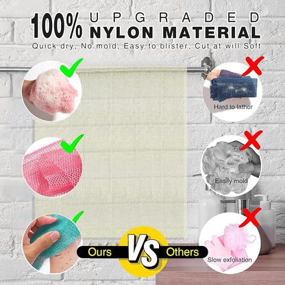 UJFQBH 3 Pieces African Net Sponge, African exfoliating net African Net Long Net Bath Sponge Exfoliating Shower Body Scrubber Back Scrubber Skin Smoother（Pink, Green, Off-White）