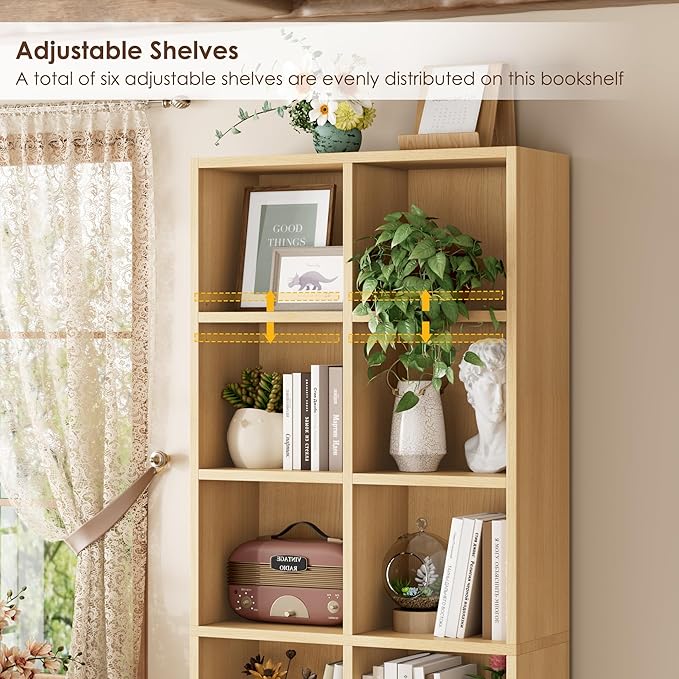 FOTOSOK 71'' Tall Bookshelf with 14 Cubes, 7 Tier Double Wide Wood Bookshelf with 6 Adjustable Shelves, 19.6" Narrow Bookcase DVD/CD Media Storage, Space Saving Display Shelf Cabinet, Natural