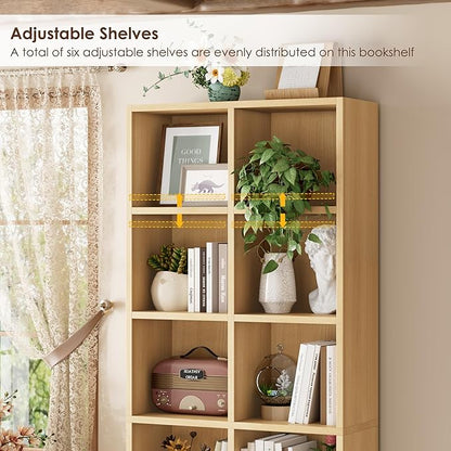 FOTOSOK 71'' Tall Bookshelf with 14 Cubes, 7 Tier Double Wide Wood Bookshelf with 6 Adjustable Shelves, 19.6" Narrow Bookcase DVD/CD Media Storage, Space Saving Display Shelf Cabinet, Natural