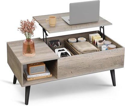 WLIVE Coffee Table for Living Room, Lift Top Coffee Table with Storage, Small Rising Wooden Dining Center Table with Storage Shelf & Hidden Compartment, 39" Greige