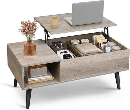 WLIVE Coffee Table for Living Room, Lift Top Coffee Table with Storage, Small Rising Wooden Dining Center Table with Storage Shelf & Hidden Compartment, 39" Greige
