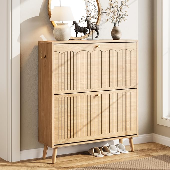 Nicetree Arch-Chic Shoe Cabinet for Entryway, Modern Mid-Century Shoe Storage Cabinet with Fluted, Narrow Shoe Rack for Entryway with Adjustable Shelves & Tipping Protection,Light Oak