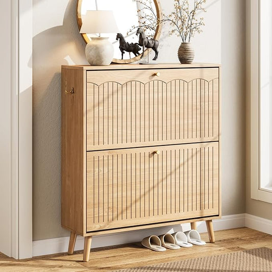 Nicetree Arch-Chic Shoe Cabinet for Entryway, Modern Mid-Century Shoe Storage Cabinet with Fluted, Narrow Shoe Rack for Entryway with Adjustable Shelves & Tipping Protection,Light Oak