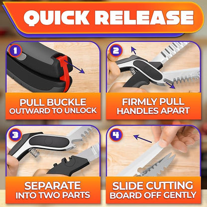 6-in-1 Cutting Board Scissors - Stainless Steel Kitchen Tool with Ribbed Blade, Automatic Spring & Safety Lock - Slice Meat, Fish, Bread, Veggies & Fruit on the Spot - Dishwasher Safe Cheese Scissors