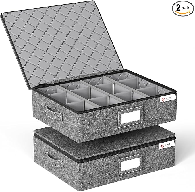 YearningHome Cup and Mug Storage Box with Hard Shell and Dividers for Coffee Mugs,Tea Cups and Glasses,Stackable Storage Organizers with Lid,Handles,Zips and Label for Moving,Holds 12,2 Pack, Grey