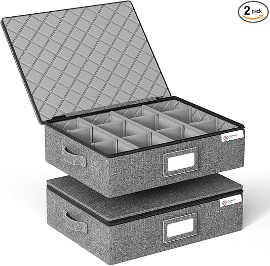 YearningHome Cup and Mug Storage Box with Hard Shell and Dividers for Coffee Mugs,Tea Cups and Glasses,Stackable Storage Organizers with Lid,Handles,Zips and Label for Moving,Holds 12,2 Pack, Grey
