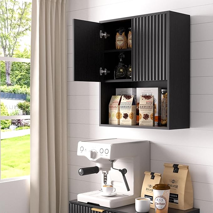 Fluted Bathroom Wall Cabinet Over The Toilet Storage,Wall Mounted Cabinet with Adjustable Shelf,Floating Cabinet Organizer Hanging Cabinet,Kitchen and Laundry Room Cabinets (Black, 1 PC)