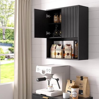 Fluted Bathroom Wall Cabinet Over The Toilet Storage,Wall Mounted Cabinet with Adjustable Shelf,Floating Cabinet Organizer Hanging Cabinet,Kitchen and Laundry Room Cabinets (Black, 1 PC)