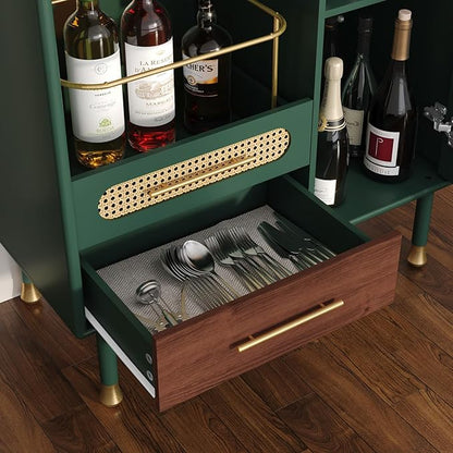 ARTPOWER Modern Coffee Bar Cabinet with Wine Glass Rack and Drawers, Green Liquor Cabinet with Pull-Out Wine Storage for Kitchen, Dining Room, Living Room | Wine Glass Rack, Drawers