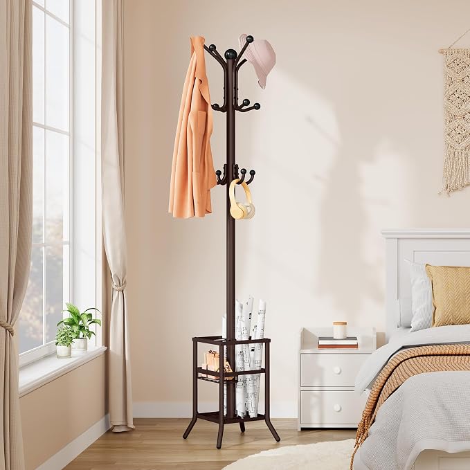 FAVOOSTY Coat Rack Freestanding,Coat Rack Stand with Umbrella Holder,Metal Coat Tree with 12 Hooks,Tree Clothes Hat for Entryway, Hallway, Bedroom, Living Room & Office -Brown