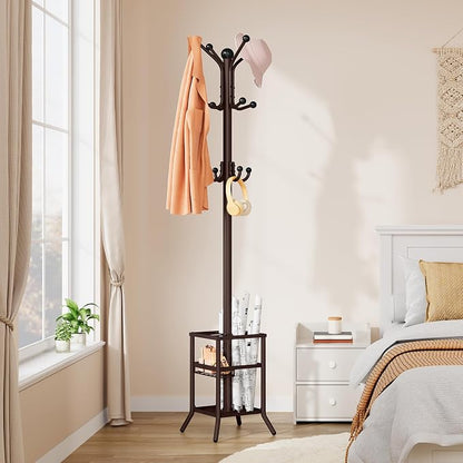 FAVOOSTY Coat Rack Freestanding,Coat Rack Stand with Umbrella Holder,Metal Coat Tree with 12 Hooks,Tree Clothes Hat for Entryway, Hallway, Bedroom, Living Room & Office -Brown