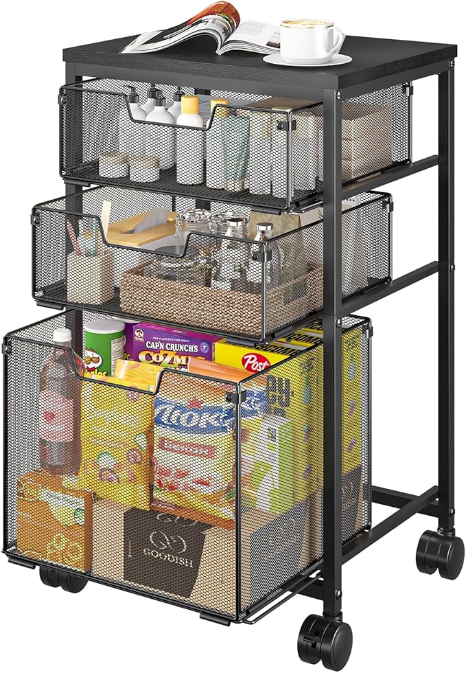 Sbanmao Rolling Storage Cart with 1 Large+2S Drawers, Metal Utility Cart on Wheels with Wooden Top, Craft Art Storage Organizer Cart for Classroom, Office, Home