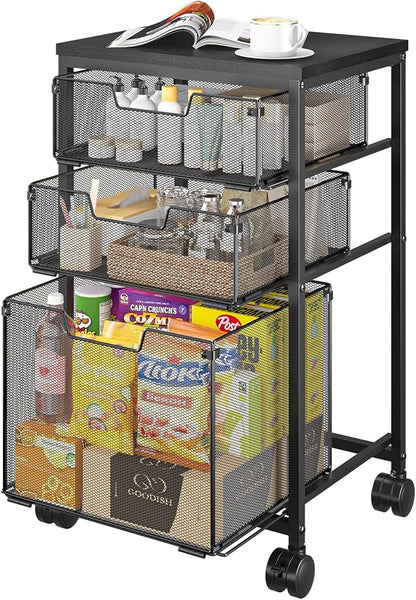 Sbanmao Rolling Storage Cart with 1 Large+2S Drawers, Metal Utility Cart on Wheels with Wooden Top, Craft Art Storage Organizer Cart for Classroom, Office, Home