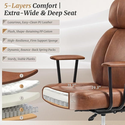 High Back Office Desk Chair, Breathable Ergonomic Leather Chair with 5-Layer Seat Cushion with 135°Reclining Lumbar Support Adjustable Height Rolling Swivel Executive Armrests Chair, Brown