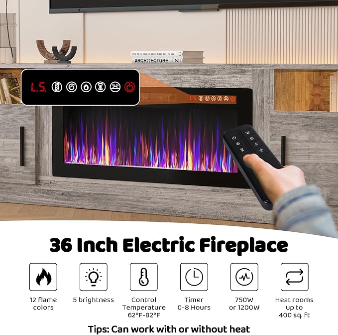 LEMBERI 80 Inch Fireplace TV Stand for TVs up to 90", 36" Electric Fireplace Entertainment Center with 20-Color LED, 300lbs Max Capacity Modern Wood Media Console Cabinet, Gray