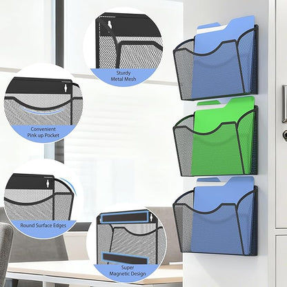 Mesh Hanging Wall File Holders, Metal Vertical Wall Basket Mail Organizer for Office/Home (Black, 3 Pack Magnetic)