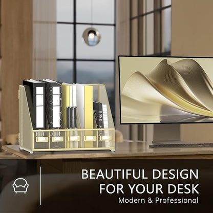 DALTACK Desk Organizers Metal Magazine File Holder with 5 Vertical Compartments Folder Storage Binder Organizer for Office Home School Organization, Golden Yellow, Plus