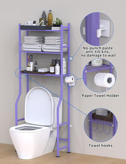 Livilord 3-Tier Over The Toilet Storage, Freestanding Metal Bathroom Shelves with 4 Hooks, Over Toilet Storage Shelf with Paper Holder, Above The Toilet Shelf for Bathroom Storage, Purple