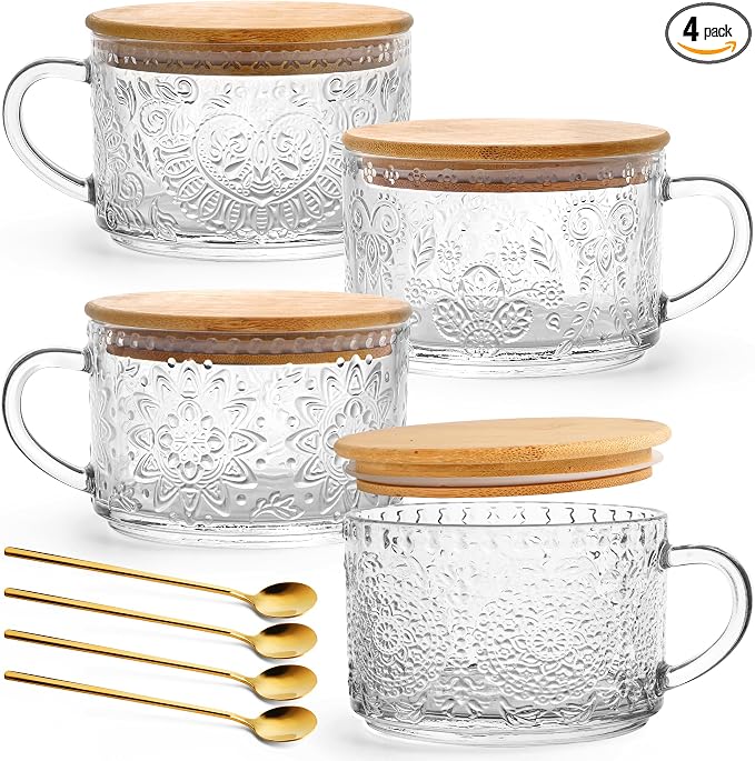 YORY 14oz Vintage Glass Mugs with Bamboo Lids & Spoons, 4-Pack gift set | Perfect for Overnight Oats, Yogurt, Coffee Tea , Kitchen, Housewarming ,women