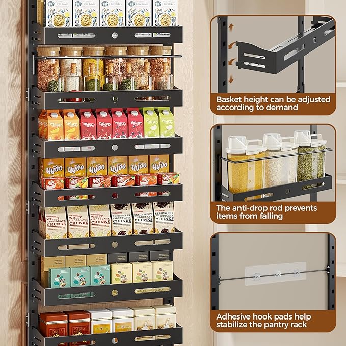 8-Tier Pantry Door Organizer, Large 2 IN 1 Wall Mount or Over The Door Pantry Organizer, Pantry Door Spice Rack with Adjustable Baskets, Over Door Organizer for Kitchen,（72.6×17.1×5.1in,Black)