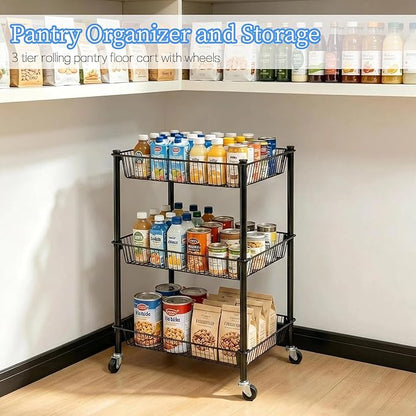 Pantry Organizer and Storage Shelves Kitchen Cart for Fruit Vegetables, 3 Tier Utility Cart with Wheels, Onion Potato Storage Basket Thicken Metal Trolley for Laundry Bathroom, Black