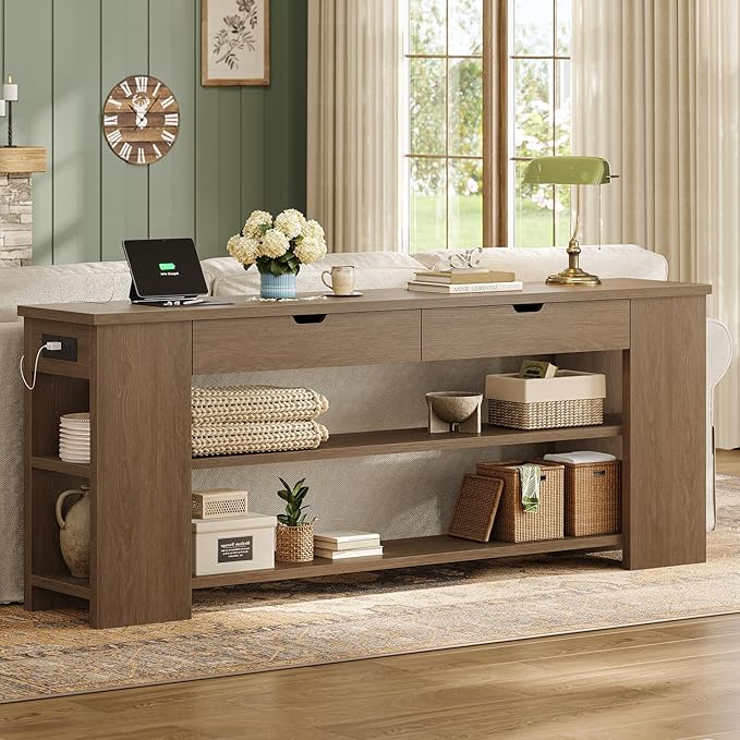 71.8" Extra Long Console Table, Farmhouse Sofa Table with Generous Storage and Built-in Outlet, Sturdy Entryway Table for Living Room, Entrance, Hallway, Foyer, Brown