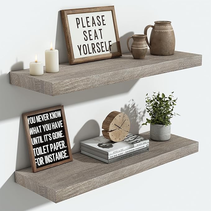 Vivelove Floating Shelves for Wall Solid Elm Wood, 24 Inches Long Rustic Wall Shelf with Invisible Bracket for Living Room Bedroom Bathroom Office Book, Farmhouse Wall Decor, Set of 2 - Grey