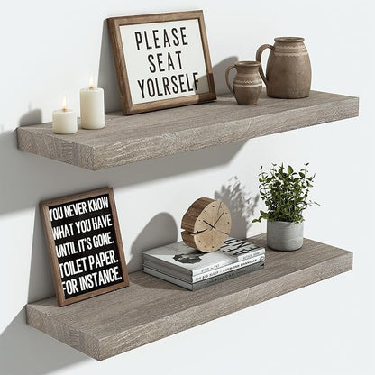 Vivelove Floating Shelves for Wall Solid Elm Wood, 24 Inches Long Rustic Wall Shelf with Invisible Bracket for Living Room Bedroom Bathroom Office Book, Farmhouse Wall Decor, Set of 2 - Grey