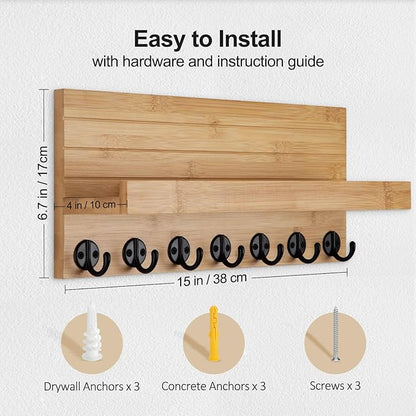 Key Holder Wall Mount, Entryway Key and Mail Holder with 7 Sturdy Hooks for Sunglasses, Dog Leash, Decorative Wall Shelf with Mounting Hardware, 15”W x 6.7”H x 4.2”D