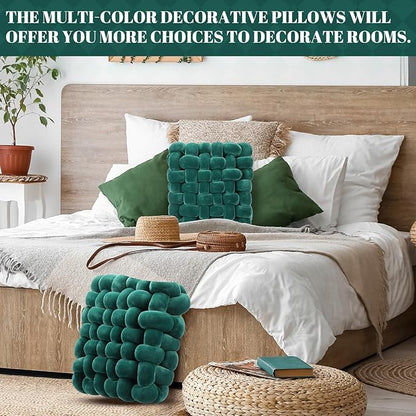 Wenqik 2 Pcs Knot Pillows Square Knotted Plush Throws Soft Accent Pillows Decoration Cushion for Couch Home Office Living Room Bedroom Bed Sofa Decor, 12'' x 13''(Dark Green,Crystal Velvet)