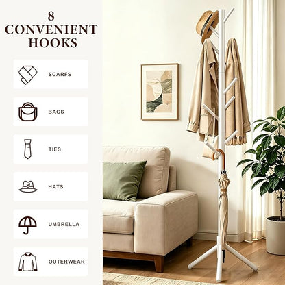 2 PC Wooden Coat Rack Freestanding with 8 Hooks & 3 Adjustable Sizes for Clothes, Space-Saving Design for Bedroom Office Entrance Holds Hats Coats Scarves Bags