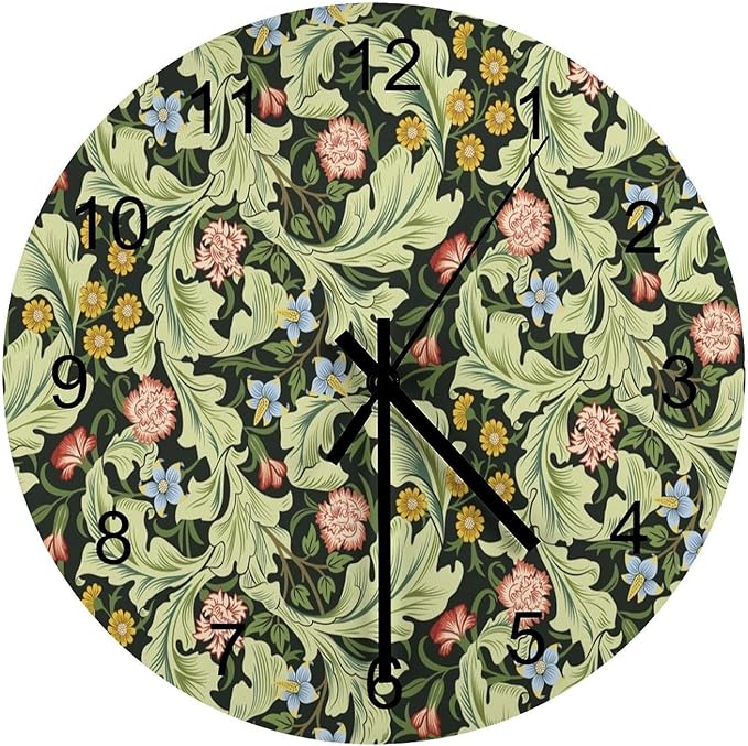 Retro Floral Wall Clock Silent Non Ticking Battery Operated, Vintage William Morris Style Garden Plants Herbs Flowers Botanical Clock Decorative for Bathroom Kitchen Bedroom Living Room(12 Inch)