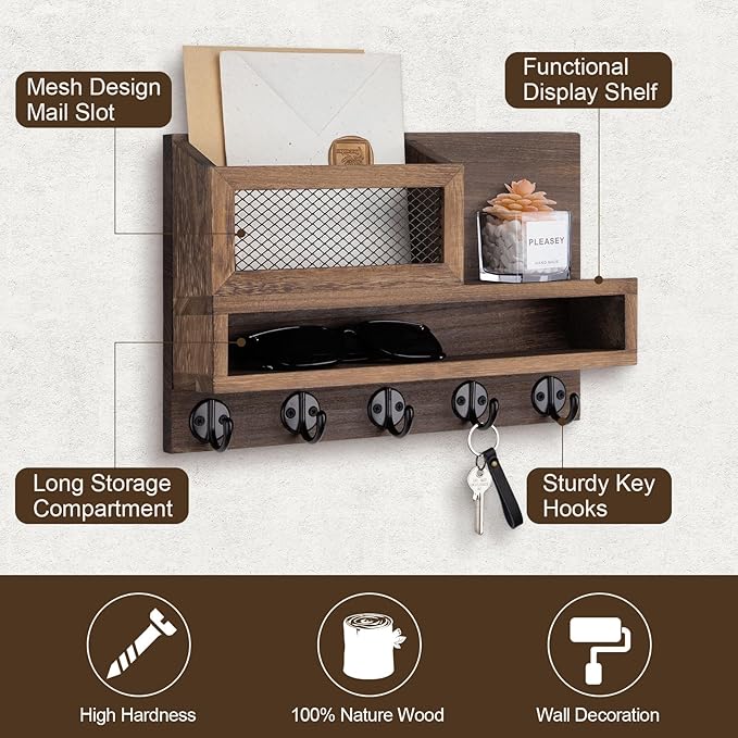Key Holder for Wall, Mail Organizer Wall Mount with Storage Compartment and 5 key Hooks for Coat, Dog Leash, Stylish Mesh Mail Holder, Home Decor Entry Way Organizer