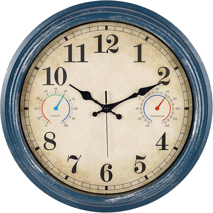 16 Inch Outdoor Clock with Thermometer and Hygrometer Combo, Waterproof Rustic Vintage Indoor Outdoor Large Wall Clocks for Patio, Pool, Garden, Living Room Decor- Blue