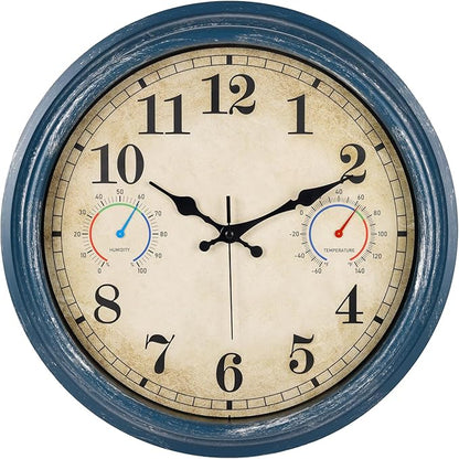16 Inch Outdoor Clock with Thermometer and Hygrometer Combo, Waterproof Rustic Vintage Indoor Outdoor Large Wall Clocks for Patio, Pool, Garden, Living Room Decor- Blue