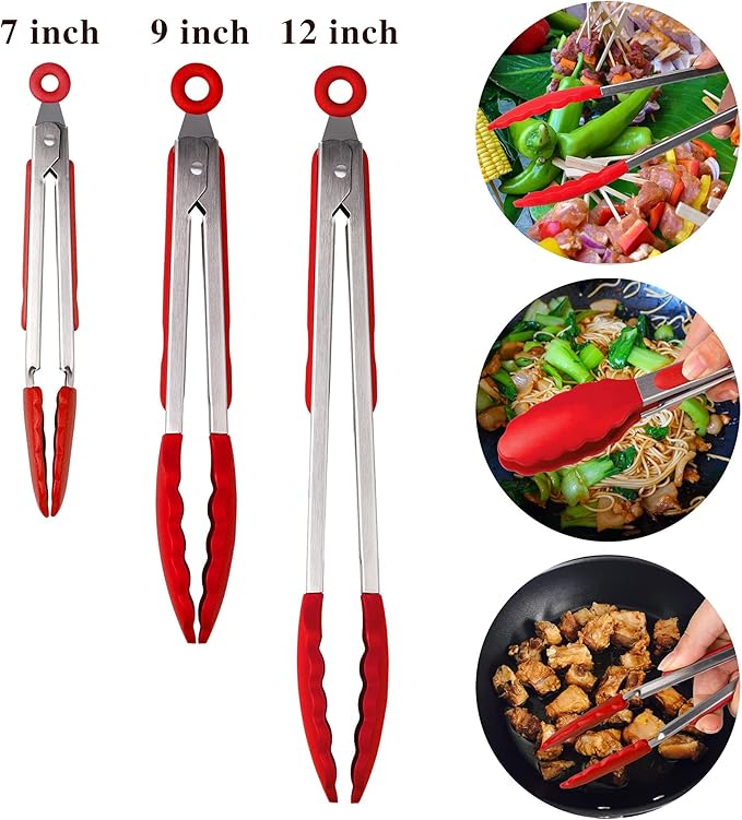 Hot Target Set of 3 (7, 9, 12 inches) Kitchen Tongs for Cooking - Heavy Duty & Non-Stick with Stainless Steel - Kitchen Tongs with Silicone Tips - Heat Resistant Long Food Tongs for Grilling BBQ - Red