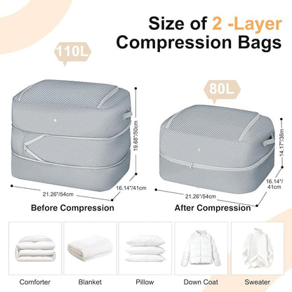 Comforter Storage Bag - 110L Large Capacity Blanket Storage Bags 2-Layer Ultra Space Saving Self Compression Organizer, Washable Compression Bags for Storage Comforter Blanket, 6-Pack, Grey