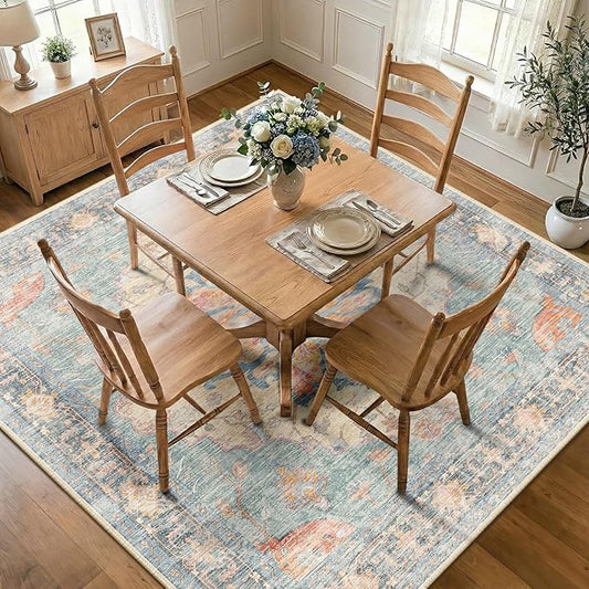RELEANY Area Rugs Square 7ft Washable Non-Slip, Floral Vintage Distress Medallion Carpet for Living Room Bedroom Dining Room, Blue Orange Red
