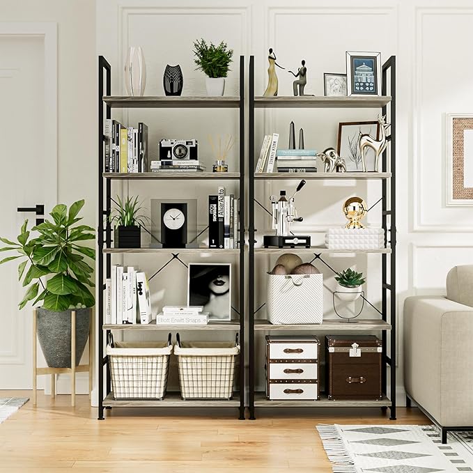 NUMENN 5 Tier Bookshelf, Tall Bookcase Shelf Storage Organizer, Modern Book Shelf for Bedroom, Living Room and Home Office, Grey